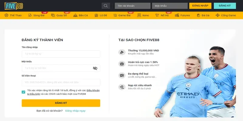 Đăng k&yacute; t&agrave;i khoản Five88&nbsp;dễ d&agrave;ng